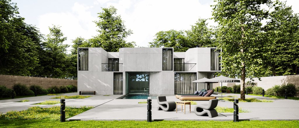 A contemporary house with a pool and patio, emphasizing sustainable architecture and outdoor living.