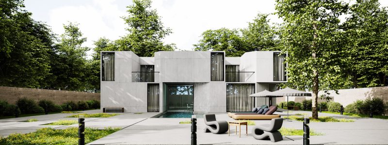 A contemporary house with a pool and patio, emphasizing sustainable architecture and outdoor living.