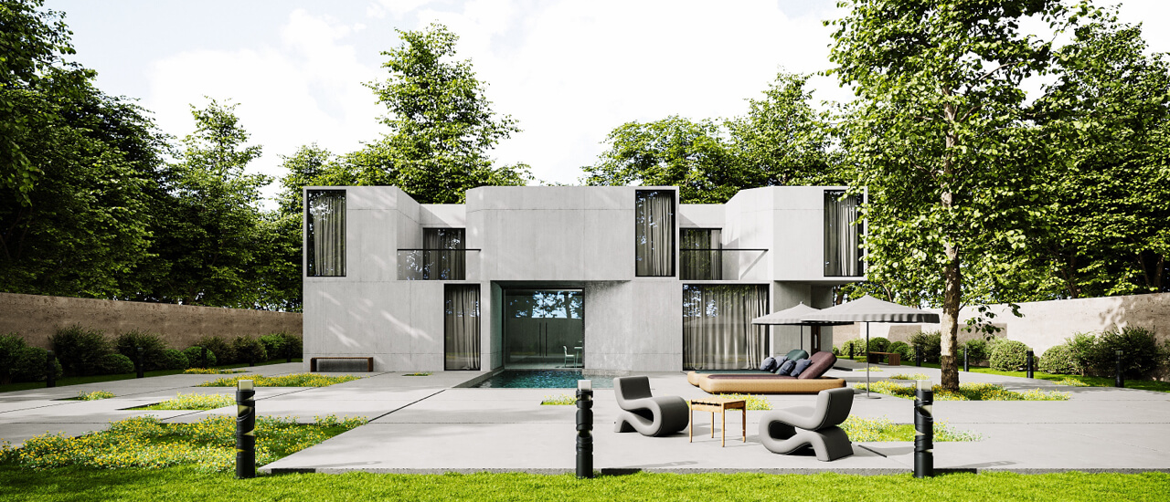 A contemporary house with a pool and patio, emphasizing sustainable architecture and outdoor living.