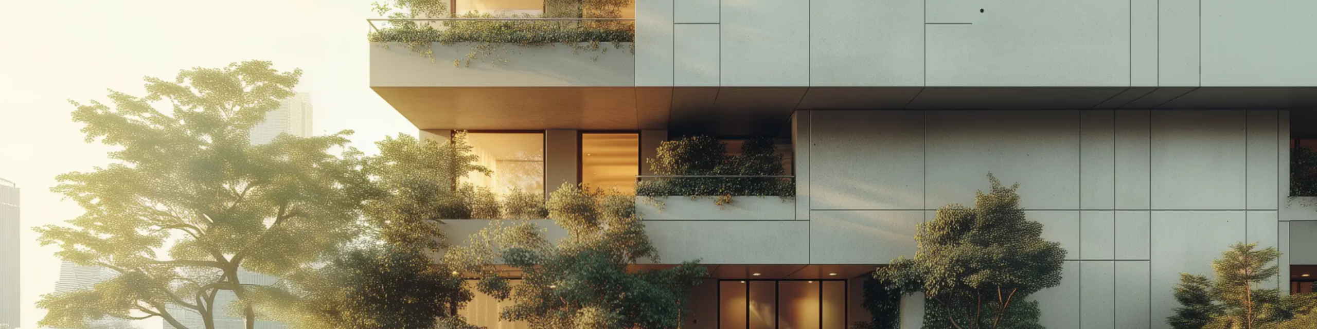 A modern apartment building featuring balconies adorned with trees and plants, surrounded by greenery.