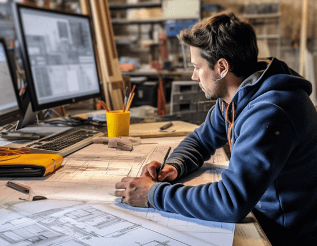 A man studies a blueprint while seated at a desk in a construction office